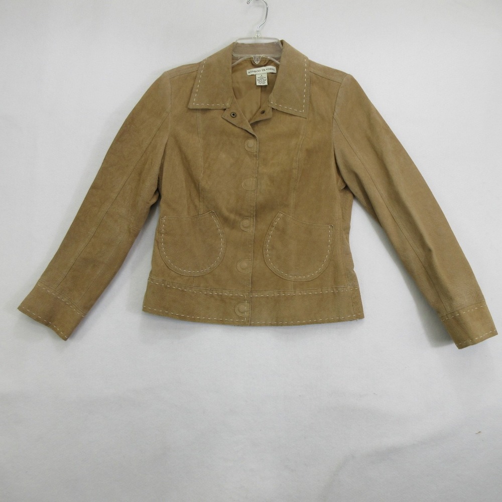 Bamboo Traders Women Jacket S Suede Leather Whipstitch Tan Beige Button Front